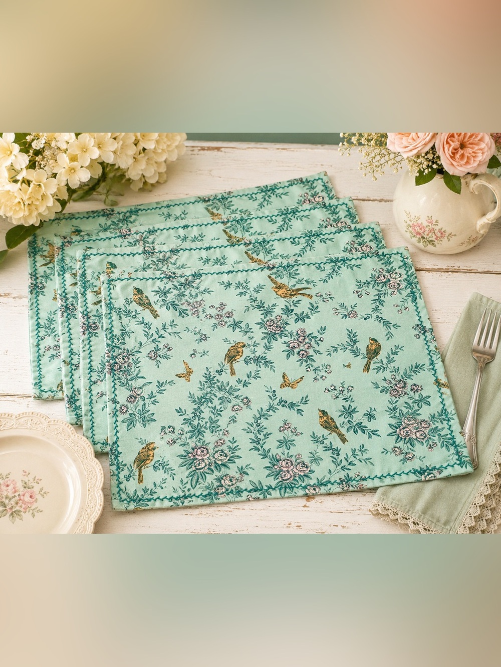 April Cornell Set of 4 Cotton Placemats Aqua Bird Floral Cottagecore 13x18